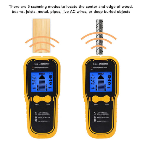 Jiawu Stud Finder Wall Scanner, 5 in 1 Stud Finder Tool with HD LCD Display detecting wood and metal objects.