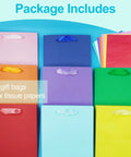 Eight Rainbow Gift Bags With Handles 8x5x10 Inches Kraft Paper Party Favor Bags With 16 Tissues shown in eight vibrant colors.