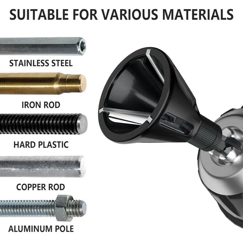 Heavy Duty External Chamfer Deburring Tool With Three Razor Sharp Tungsten Carbide Blades and Quick Change Hex Shank for Killing Burrs and Flawless Edge Prep On Steel Or Metal Jobs with various materials.