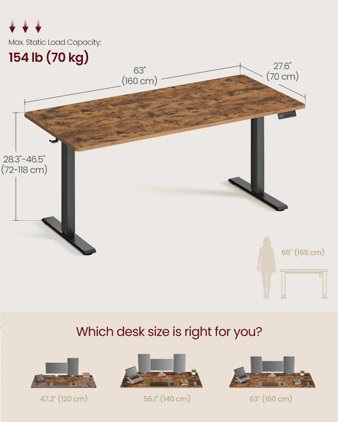 VASAGLE Electric Standing Desk, Height Adjustable Office Table With Memory Presets, Sit Stand Workstation For Home Office, showing dimensions 63 by 27.6 inches.