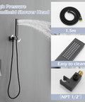 Black Square Shower System With 10 Inch Rainfall Shower Head, Dual Function Wall Mount Mixer, Handheld Shower, hose details
