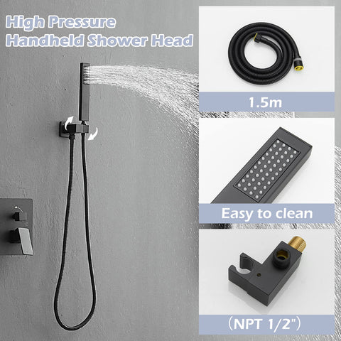 Black Square Shower System With 10 Inch Rainfall Shower Head, Dual Function Wall Mount Mixer, Handheld Shower, hose details