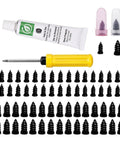 70 Piece Tire Repair Kit With Dual Size Rubber Nails for quick roadside repair, includes yellow handle screwdriver, vacuum spiral screws, glue.