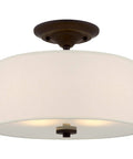 Addison 13 Inch Dope Modern Drum Semi Flush Mount Ceiling Light With Off White Fabric Drum Shade Two Light Fixture In Oil Rubbed Bronze Finish