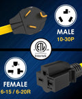 Premium Nema 10 To 6 Adapter For Ev Level 1 Charging with male 10-30P and female 6-20R connectors on a durable SJTW cable.