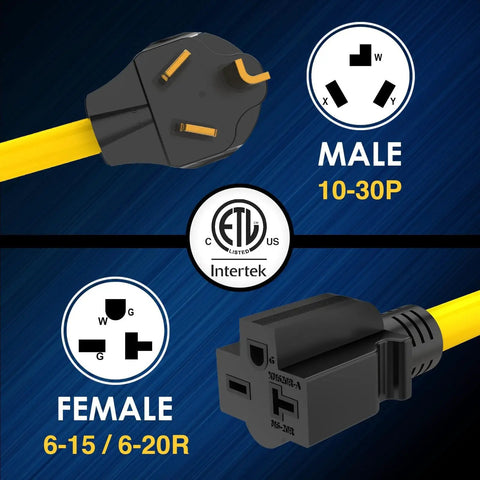 Premium Nema 10 To 6 Adapter For Ev Level 1 Charging with male 10-30P and female 6-20R connectors on a durable SJTW cable.