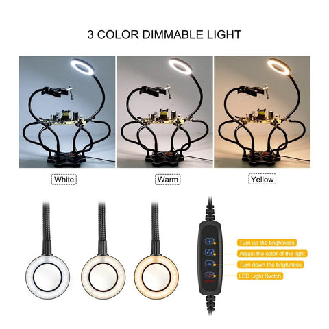 Adjustable Soldering Third Hand Tool With Gooseneck Arms PCB Holder Three LED Magnifying Lamp 0 To 55mm Clamp Electronics Repair Stand showcasing dimmable light settings.