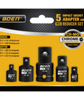 Impact Socket Adapter And Reducer Kit For SAE Sizes One Quarter Inch Three Eighths Inch And One Half Inch Five Piece CRMO Steel