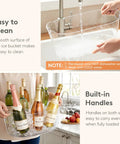 Massive 11.5L Ice Bucket Duo For Parties with built-in handles, holding multiple wine bottles, clear plastic, easy to clean surface.