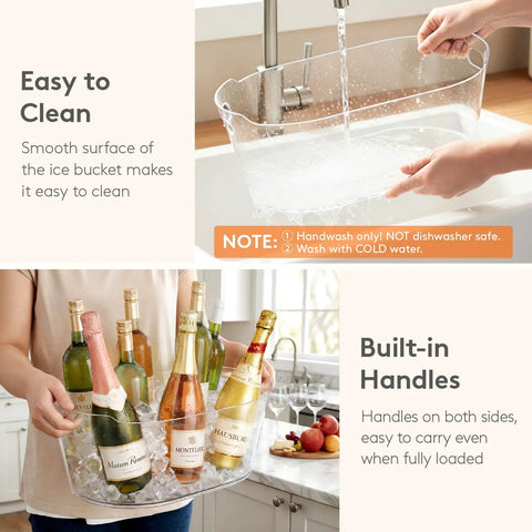 Massive 11.5L Ice Bucket Duo For Parties with built-in handles, holding multiple wine bottles, clear plastic, easy to clean surface.