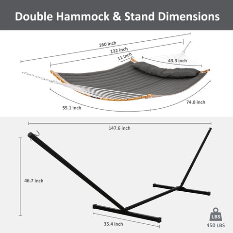 Dimensions of Double Portable Hammock With Stand For Two People, Curved Spreader Bar, Balance Ropes Included, Dark Gray