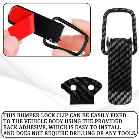 Large Quick Swap Bumper Clips Two Pack Delivers Rock Solid Spring Loaded Fasteners For Front And Rear Panels No Sweat Tool Free Install Heavy Duty Security Hook Hasps showing adhesive backing and clip for tool-free installation.