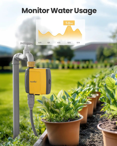 WiFi Water Timer For Sprinklers With Brass Inlet, Requires TWG004WRF WiFi Hub, 2.4GHz Only, Model TTV103WRF in garden setting