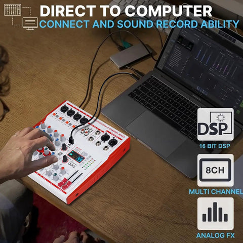 Person using MW6 White 6 Channel Pro DJ Audio Mixer Portable Controller USB DSP With 99 Preset Effects for live streaming