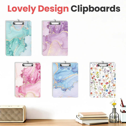Display of Two Pack Colorful Clipboard Set With Low Profile Clips For Letter Size Paper 9x12.5 Inches Durable Hardboard Clipboards