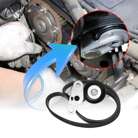 Chevy GMC Air Conditioning Serpentine Drive Belt Tensioner Kit For Silverado Avalanche Suburban Tahoe image with installation view