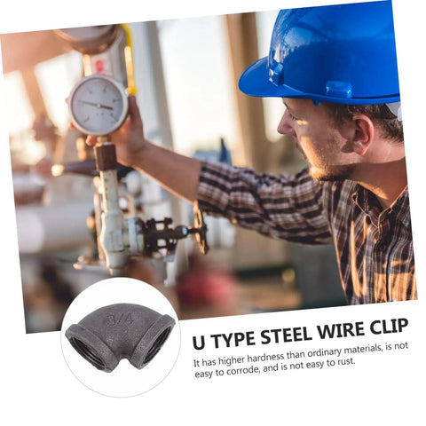 Worker in blue helmet adjusting industrial pipe gauge with Six Piece Industrial Elbow Cast Iron Pipe Connector Set For Plumbing And HVAC, 3/4 Inch Hose Connectors, Heavy Duty Iron Fittings, Easy Install, Leak Proof Seals, Versatile For Home, Shop, And Pro Work inset shown below.