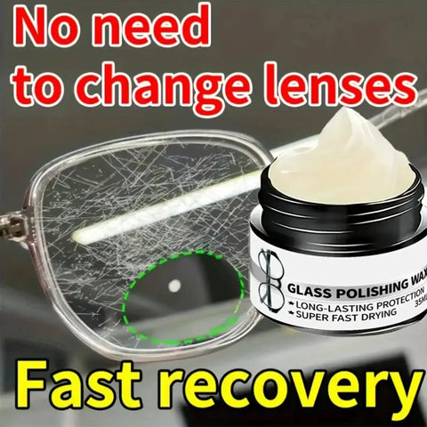 Scratch Remover Paste For Glasses And Screens Pro Repair Kit with quick fix polishing paste next to scratched eyeglass lens