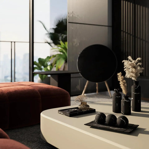Black Marble Look Vase Set With Dope Matte Resin Finish on modern coffee table in stylish living room with pampas grass.