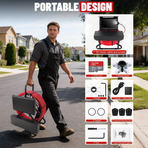Badass Heavy Duty Self Leveling 7 Inch Sewer Camera With 100 Foot Waterproof Cable For Smooth Pipe Drain Inspections And Quick Fix Clog Diagnostics Tool, portable design with 30-meter cable.