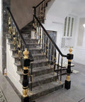 Badass Aluminum Balusters And Stair Spindles With Floor Face Mount Brackets And Slick Black Gold Flower Motif Railing Kit For Indoor Outdoor Decks And Bulletproof Durability House Upgrade 10 Pack on a staircase.