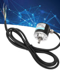 Image of a compact solid shaft encoder for motion control, three phase 30 kHz, with 6 mm shaft and attached cables.