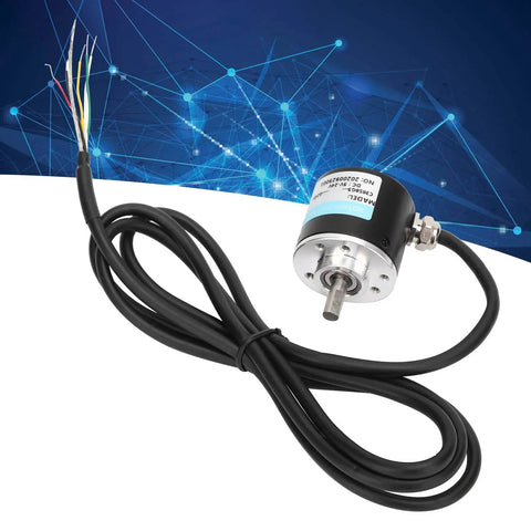 Image of a compact solid shaft encoder for motion control, three phase 30 kHz, with 6 mm shaft and attached cables.
