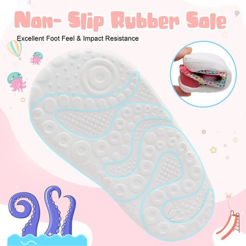 Non-slip rubber sole of Kids Water Shoes Quick Dry Aqua Socks For Toddlers And Baby Boys Girls Breathable Quick Dry Upper With Drainage Holes Non Slip Sole Beach Sandals Pink Size 9 9.5 showing impact resistance and foldability.