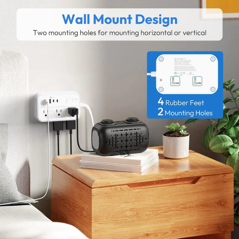 Flat Plug Power Strip With 10 Ft Cord, 6 Outlets And 4 USB Ports, Overload Protected Extension Cord installed on wall