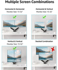 Dual Monitor Desk Arm Mount for 22 to 32 inch screens showing various configurations on desk, ergonomic setup options.
