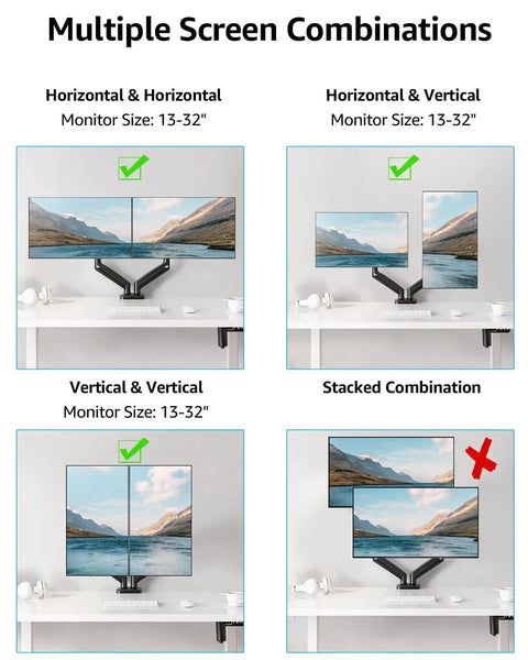 Dual Monitor Desk Arm Mount for 22 to 32 inch screens showing various configurations on desk, ergonomic setup options.