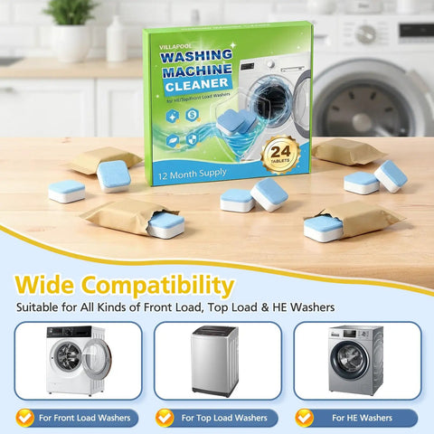 Skip The Hassle Washing Machine Cleaner Tablets For He Front And Top Load Washers Kicks Out Stink Instantly on a wooden table.