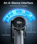 LED display interface showing battery status and 4-speed settings on the ergonomic electric box cutter.