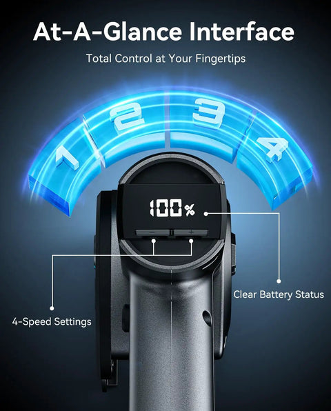 LED display interface showing battery status and 4-speed settings on the ergonomic electric box cutter.