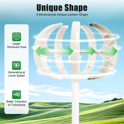 12V 600W Lantern Wind Turbine Generator Kit with 5-Blade Vertical Axis demonstrating unique design for off-grid power.