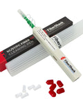 Fibershack fiber optic cleaning pen, angled view, white body with red dust caps and packaging box