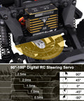 Close-up of Beastly 75Kg Waterproof Brushless Servo With Full Metal Gears installed in RC truck, showing 90°-180° steering angles.