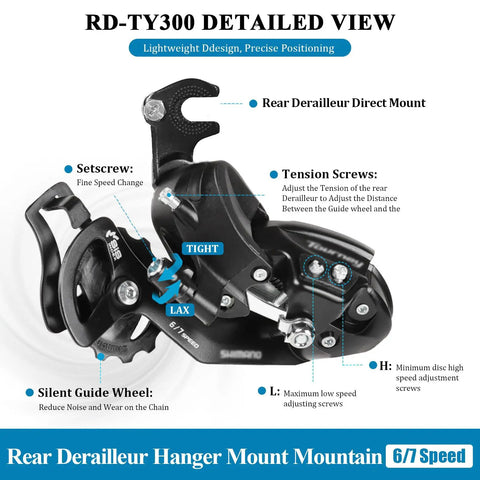 Detailed view of Rear Derailleur RD TY300 SGS 6 To 7 Speed Hanger Mount with tension and silent guide wheel labeled.