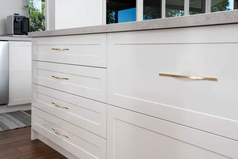 Kitchen cabinets with Low Profile Brushed Brass Cabinet Pulls With Dual Hole Centers 6.3 Inch And 7.6 Inch Zinc Alloy Handle