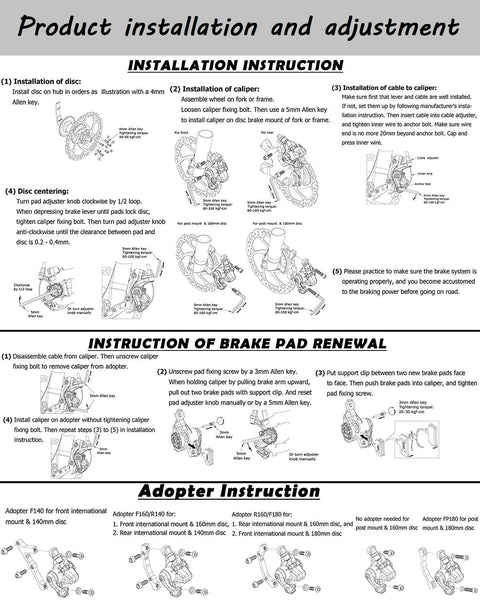Installation instructions for Front And Rear Bike Disc Brake Kit With 160mm Rotors Calipers Cables Levers And Fixing Screws.