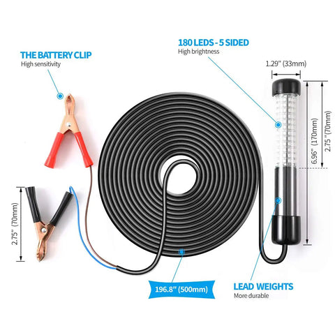Diagram of Underwater Fishing Light IP68 12V Green LED Night Light For Rivers And Lakes 180 SMD LEDs 1080 Lumens with measurements and cable