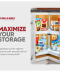 Two Tier Kidney Shaped Lazy Susans For Corner Base Cabinets Plastic White 28 Inch Wide, organized with pantry items.