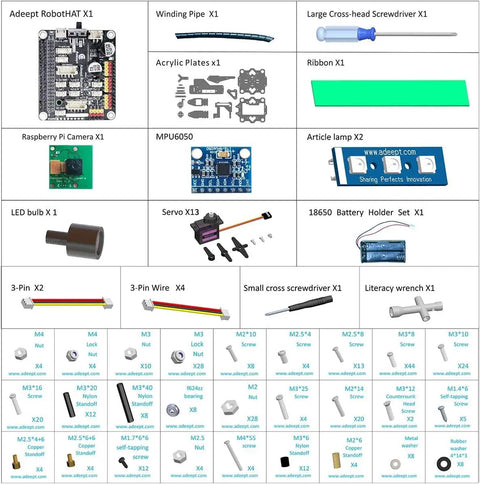 Bionic Quadruped Spider Robot Kit For Raspberry Pi 4 Or 3 B Plus Hands On OpenCV Object Tracking Self Stabilizing MPU6050 Gyro Sensor Remote GUI Control STEM Crawling Robot With PDF Manual parts list