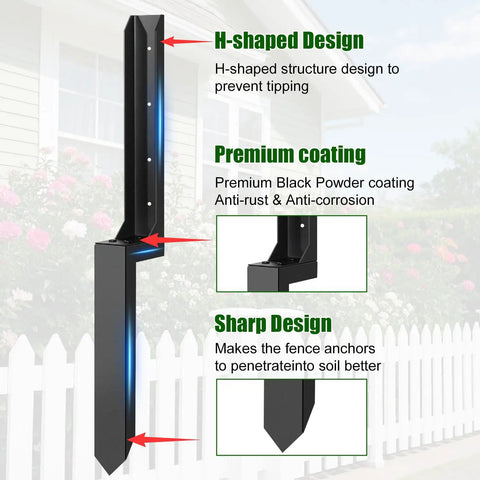 Image showing H-shaped design of 2 Pack Fence Post Repair Kit With Heavy Duty Metal Ground Stakes for post support and stability.