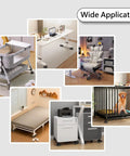Collage showing Non Slip Rubber Furniture Caster Cups For Wheels Protect Floors From Scuffs And Scratches used on cribs, desks, chairs, beds, files.