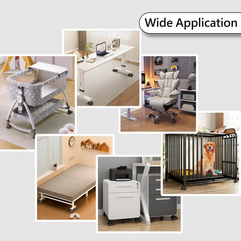 Collage showing Non Slip Rubber Furniture Caster Cups For Wheels Protect Floors From Scuffs And Scratches used on cribs, desks, chairs, beds, files.