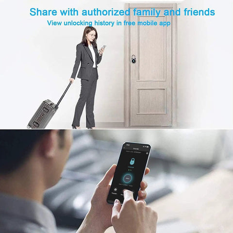 Person using app-controlled Fingerprint Bluetooth Padlock With Keyless Biometric Access, Water Resistant Lock displayed on phone screen.