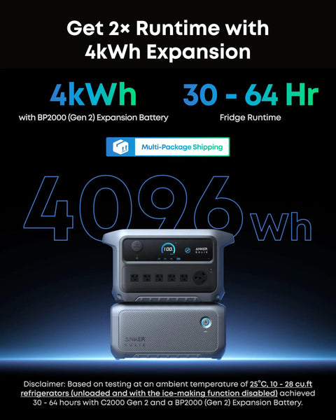 SOLIX C2000 Gen 2 Portable Power Station With 200W Solar Panel shown with expansion battery for extended runtime