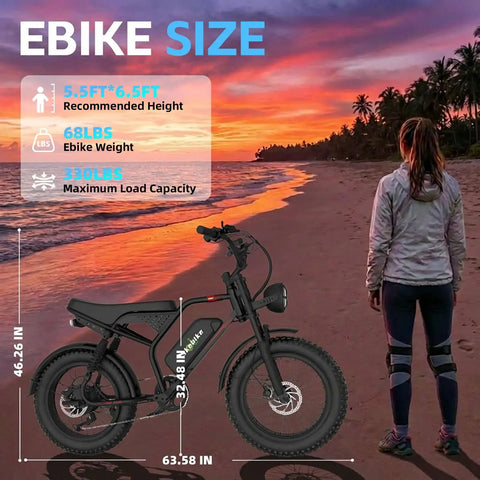 Beast 2000W Electric Fat Tire Bike For Adults With Top Speed 36 MPH 50 Mile Range 23Ah Battery displayed on beach at sunset