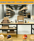 Heavy Duty Garage Workbench With Scratch Resistant Solid Wood Top And Lower Shelf For Toolboxes And Shop Gear Knock Out Jobs With Straight Up Durability, showcasing thickened tabletop in a workspace.